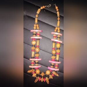 Natural Wood & Pink Beaded Necklace